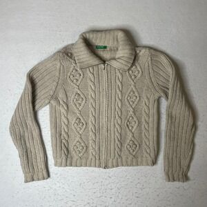 United Colors‎ of Benetton Cable Knit Full Zip Collared Sweater Beige Italy